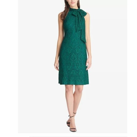 Vince Camuto Sz 14 Tie-Neck Lace Sheath Dress Navy Blue Sleeveless Zip Cocktail - Picture 1 of 16